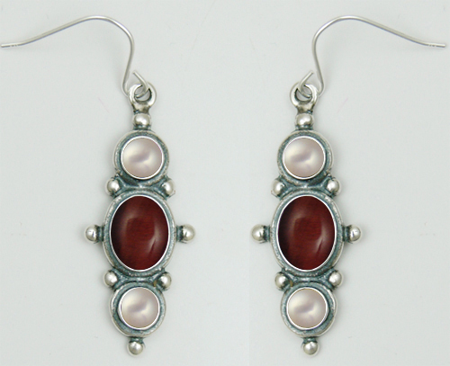 Sterling Silver Drop Dangle Earrings With Red Tiger Eye And Cultured Freshwater Pearl